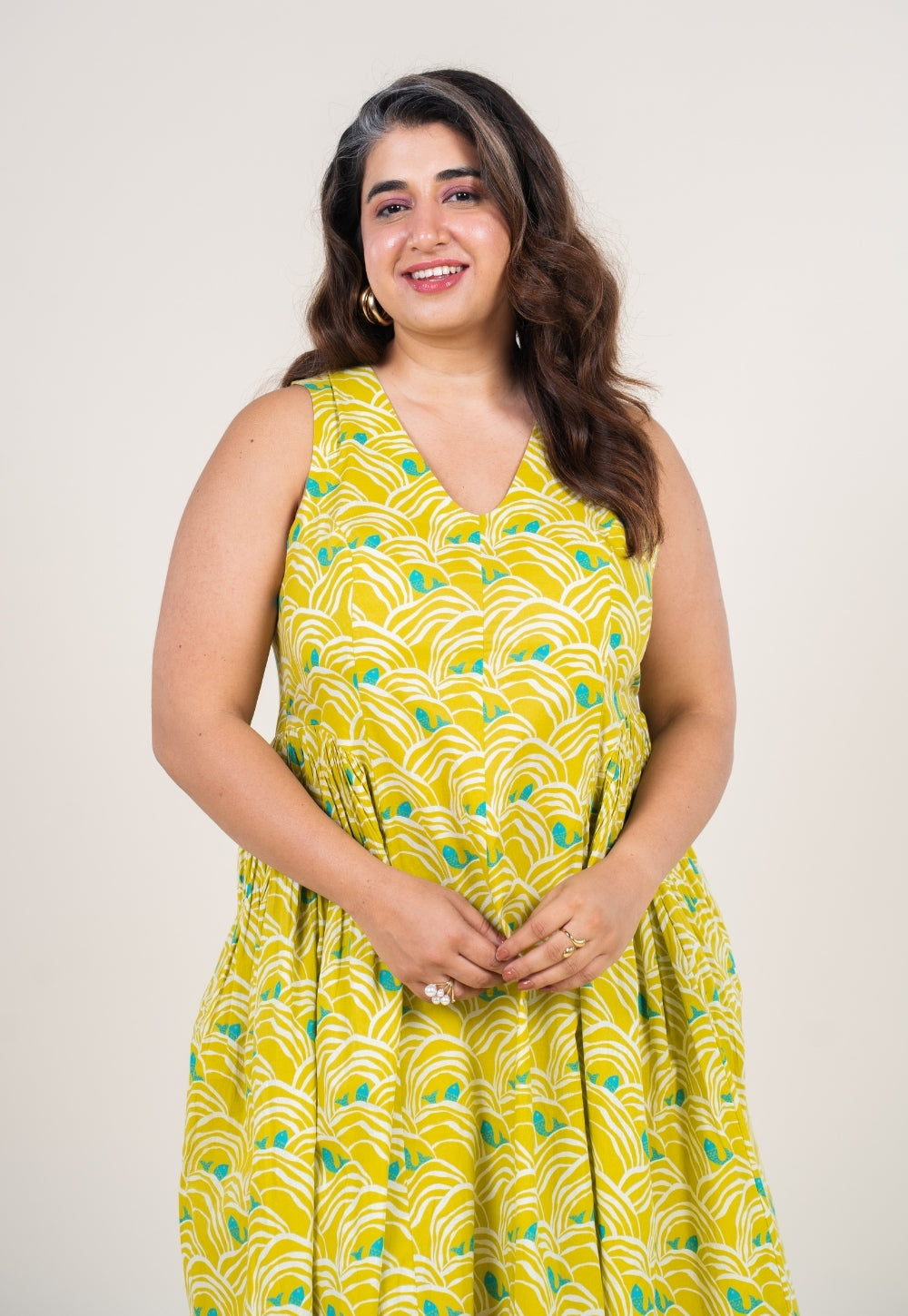 Navira Lime Green Printed Cotton A Line Dress
