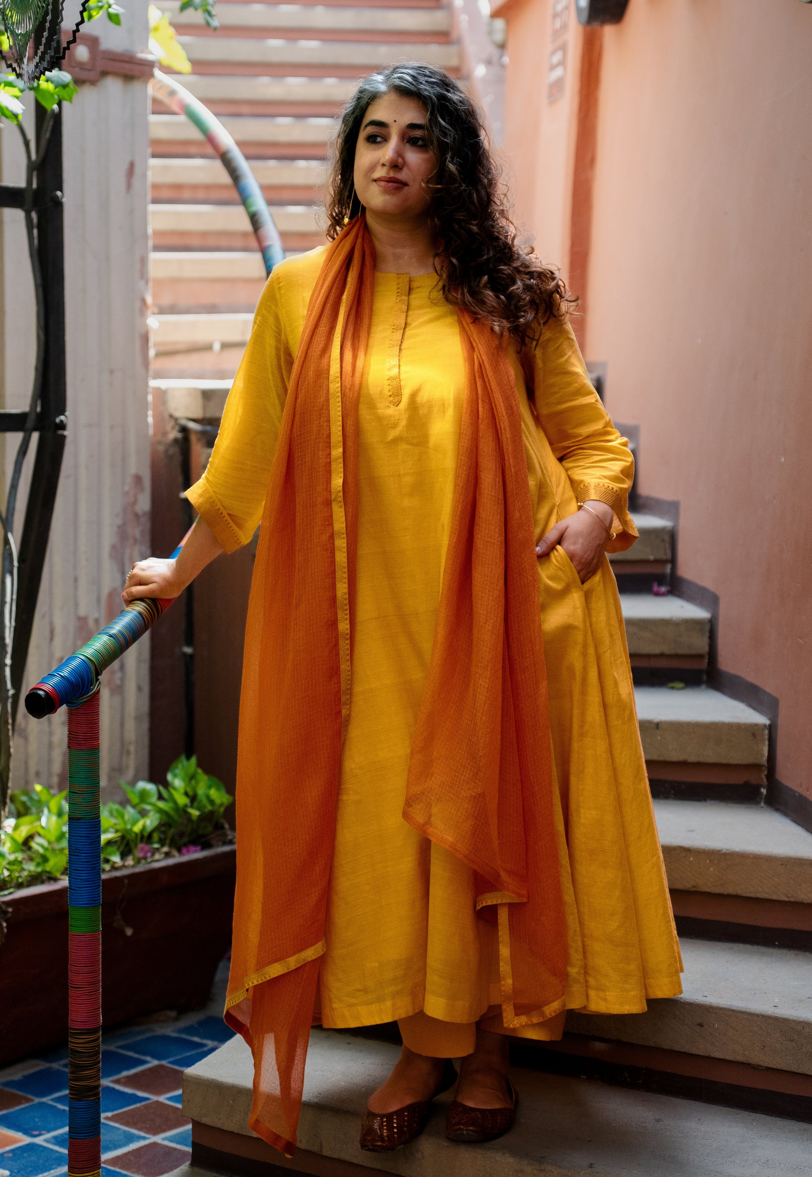 Rust Orange Solid Kota Doria Cotton Dupatta with Mangalgiri Border