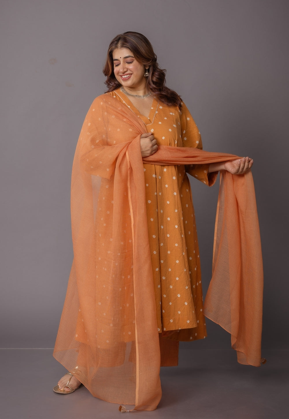 Rosha Yellow Bandhani Cotton Kali Suit Set (Set of 3)
