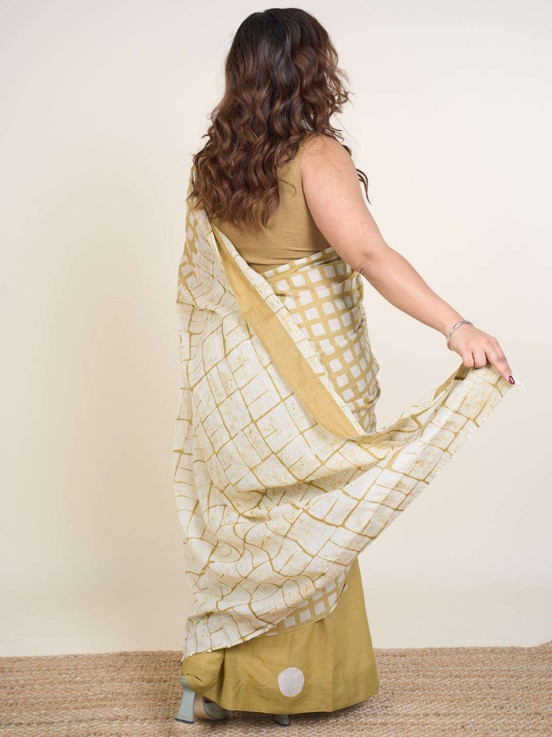 Esha Green Batik Hand Block Print Mul Cotton Saree with Embroidery