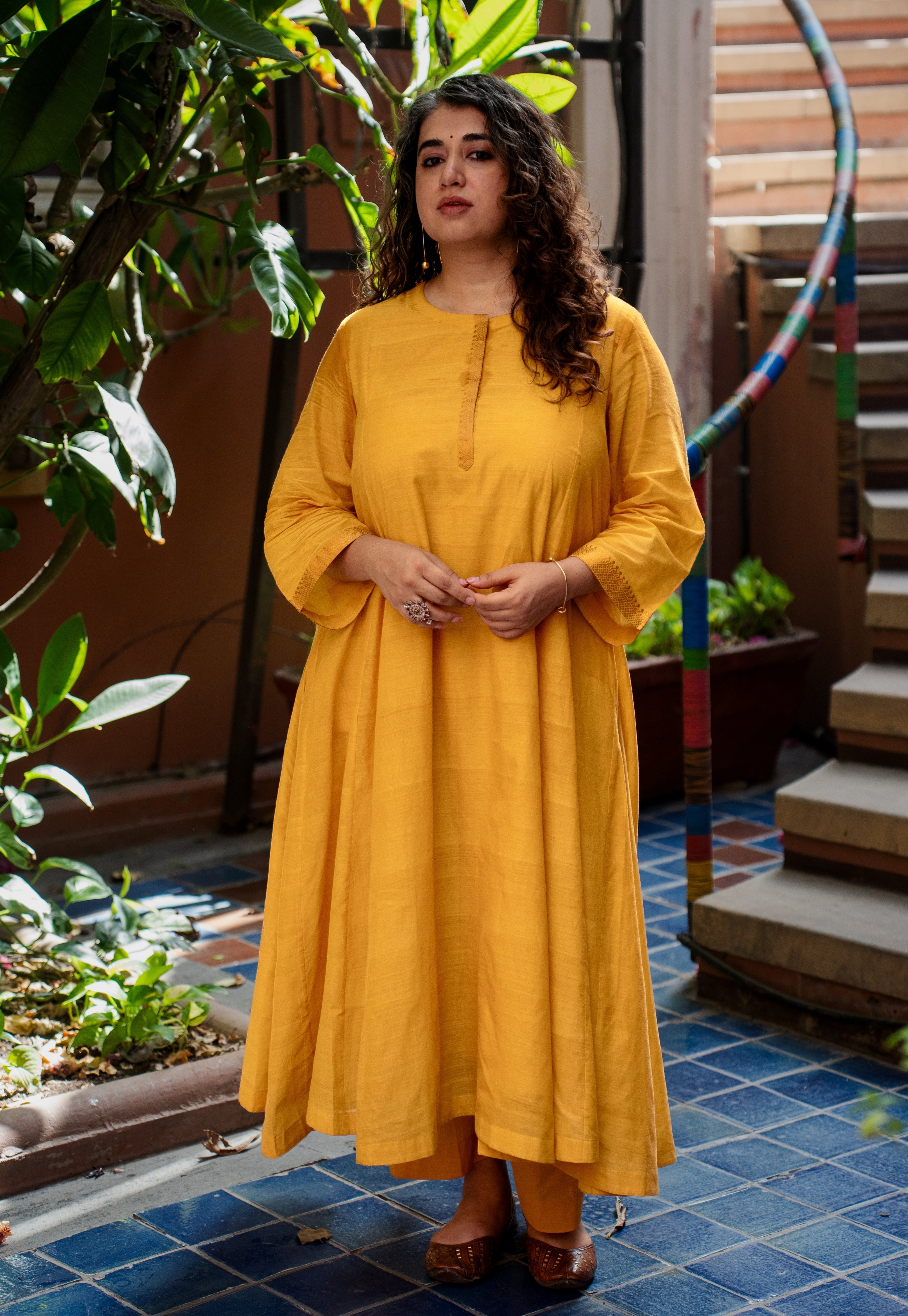 Sujata Yellow Mangalgiri Cotton Kali Kurta with Nizam Border