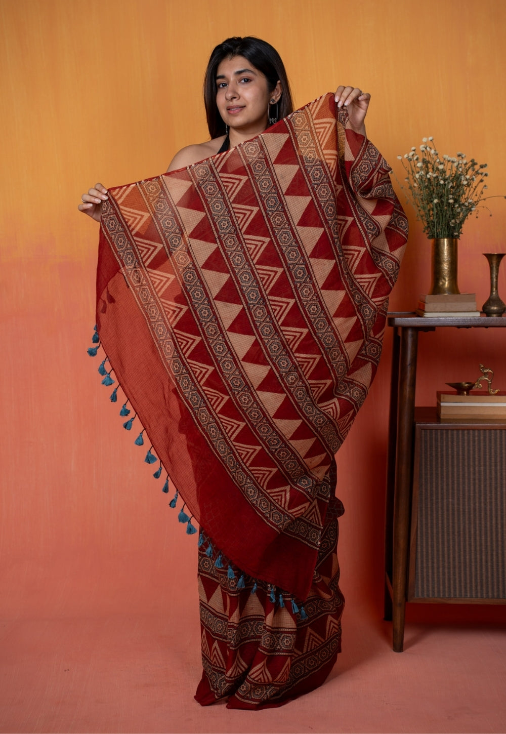 Red Geometric Ajrakh Hand Block Print Kota Doria Cotton Saree