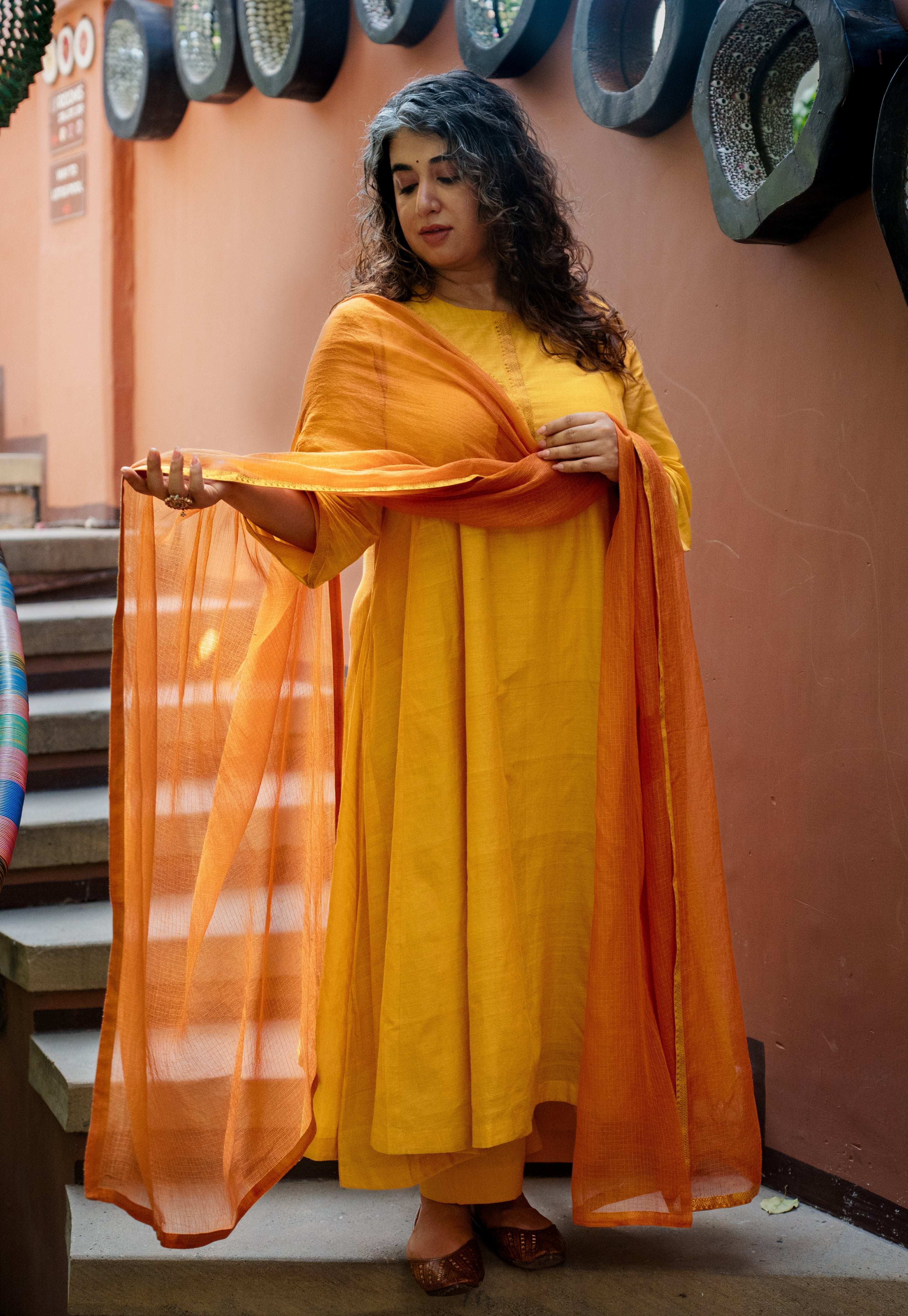 Sujata Yellow Mangalgiri Cotton Kali Kurta with Nizam Border