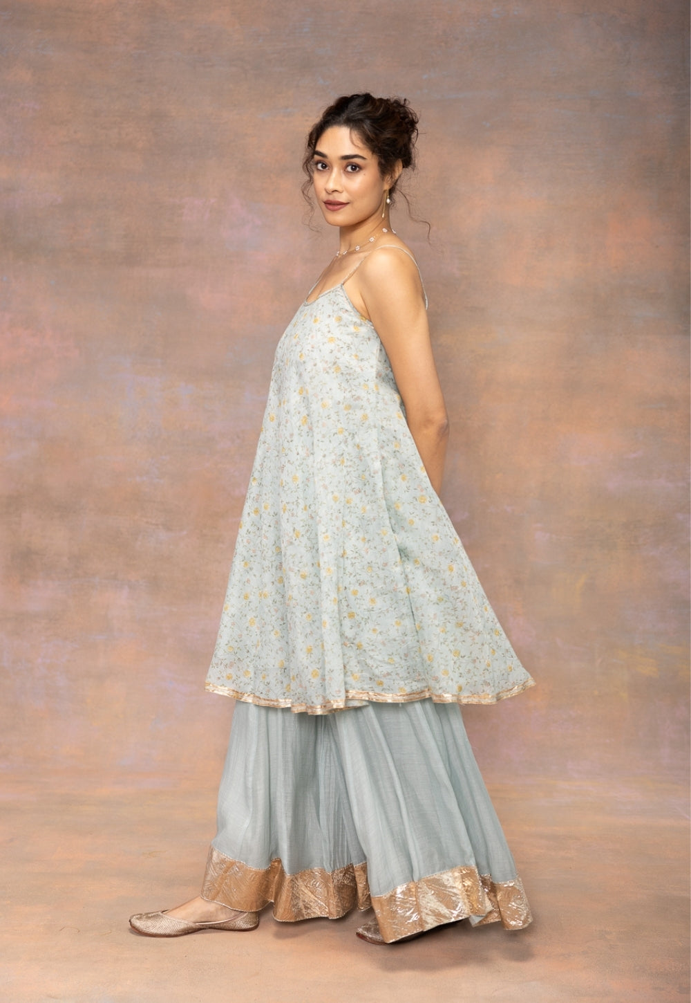 Rosalie Blue Sanganeri Chanderi Silk A Line Kurta with Lace Detailing