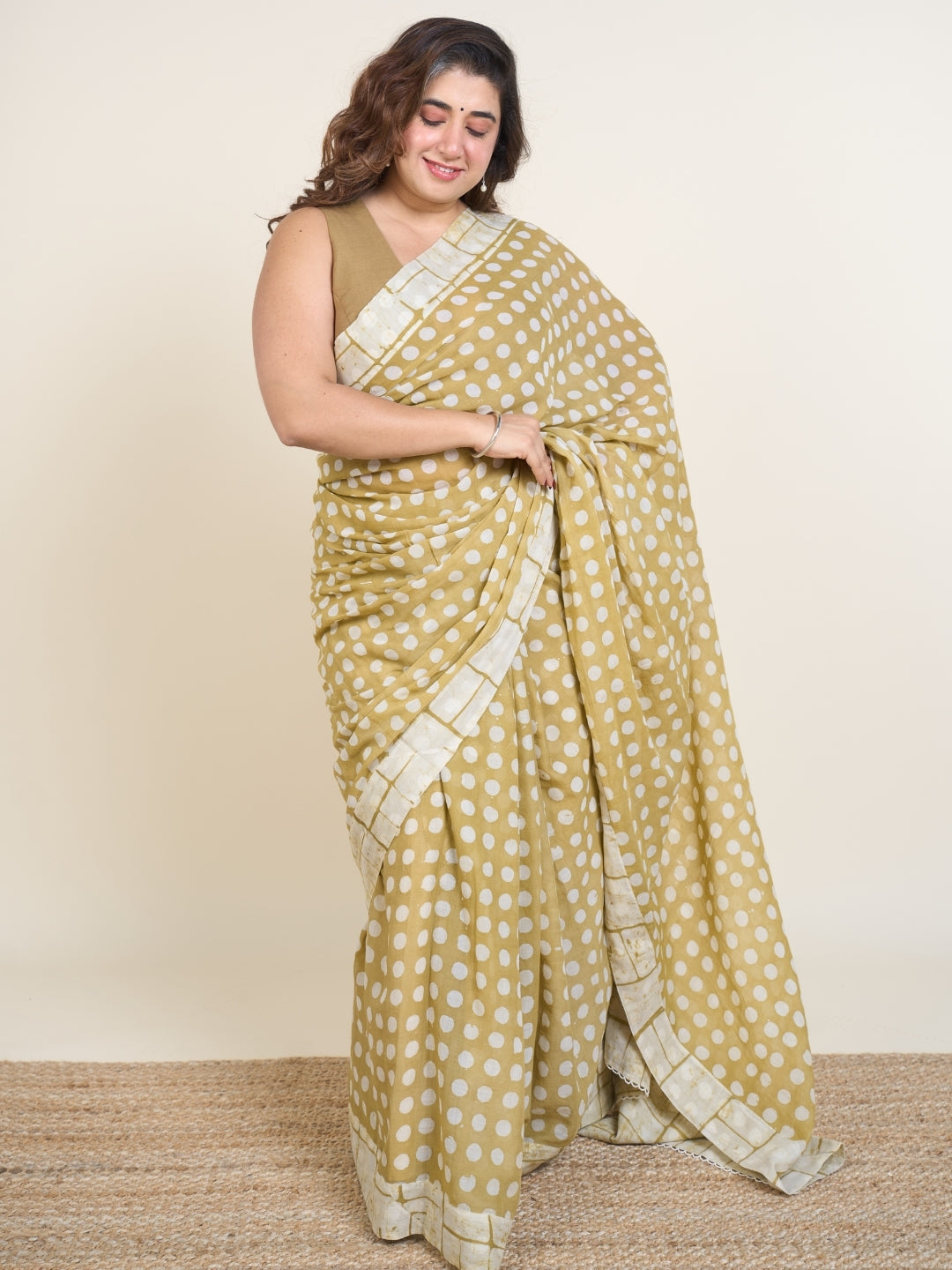 Madiha Green Batik Hand Block Print Mul Cotton Saree with Embroidery