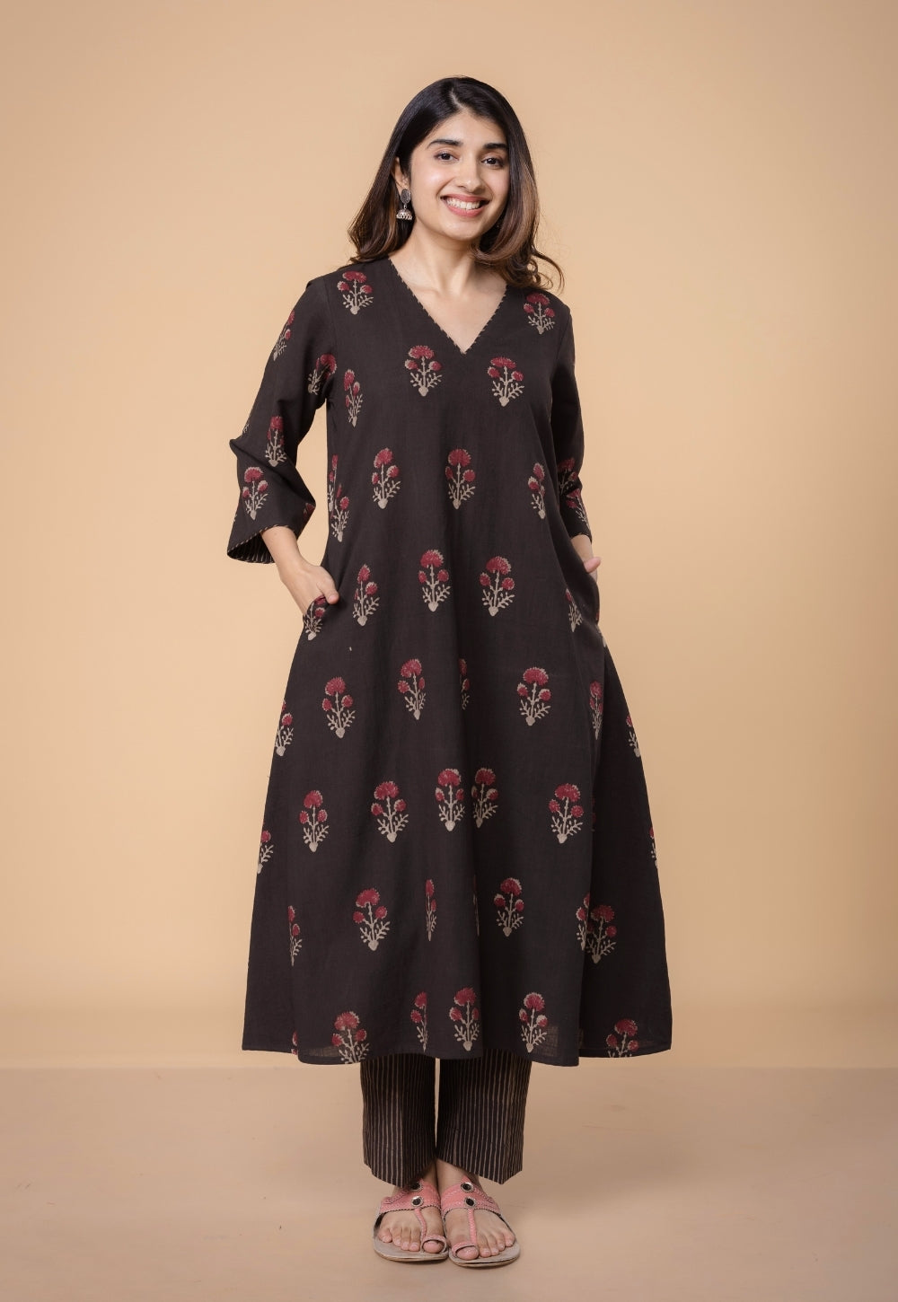Shrusti Brown Dabu Slub Cotton A Line Kurta