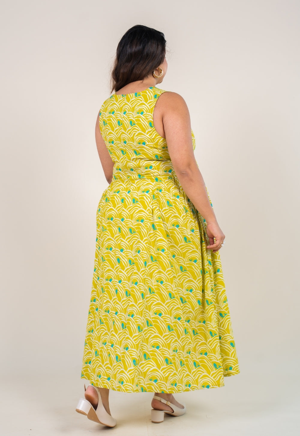 Navira Lime Green Printed Cotton A Line Dress