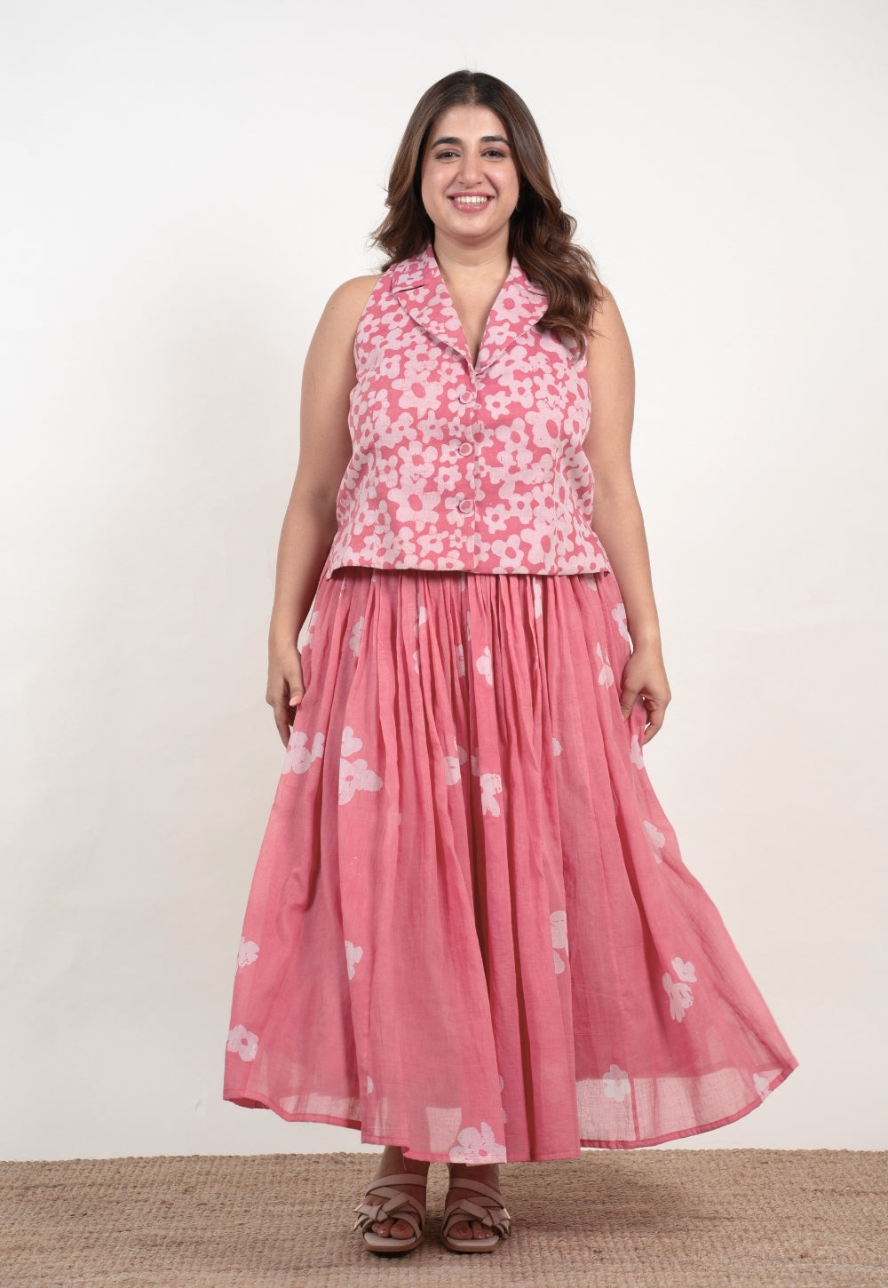 Ishani Pink Batik MulMul Straight Waistcoat Top and Skirt (Set of 2)