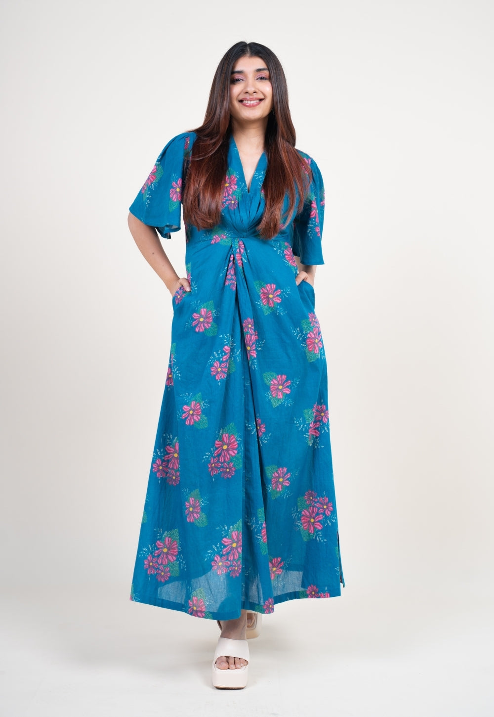 Nitya Ink Blue Printed Mul A Line Dress with Slip