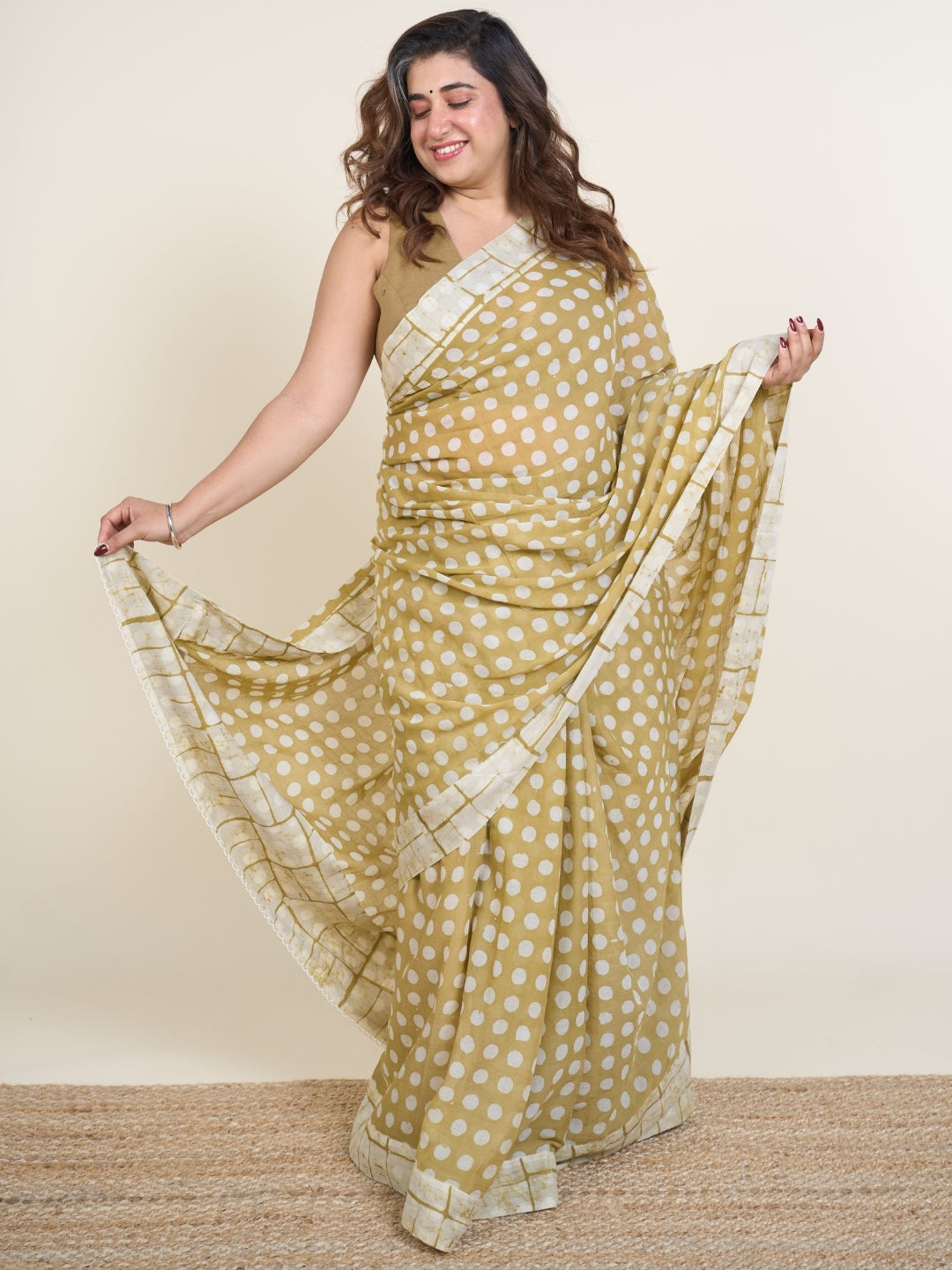 Madiha Green Batik Hand Block Print Mul Cotton Saree with Embroidery