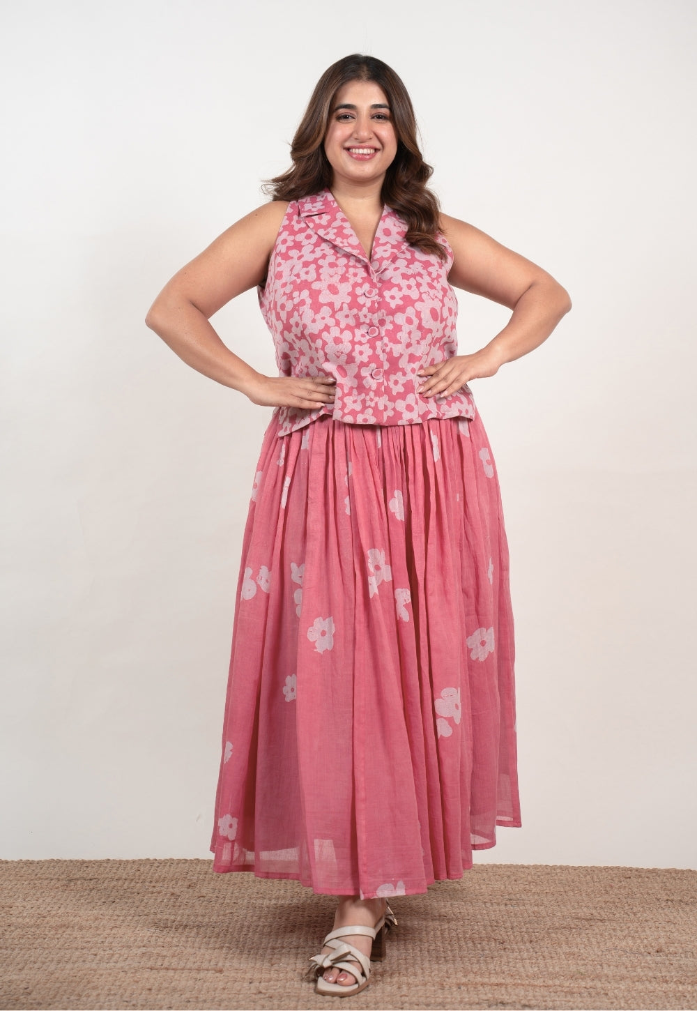 Ishani Pink Batik MulMul Straight Waistcoat Top and Skirt (Set of 2)