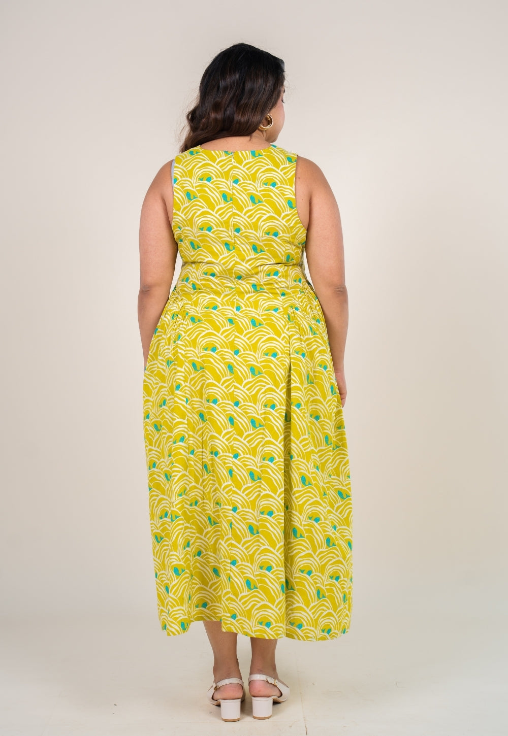 Navira Lime Green Printed Cotton A Line Dress