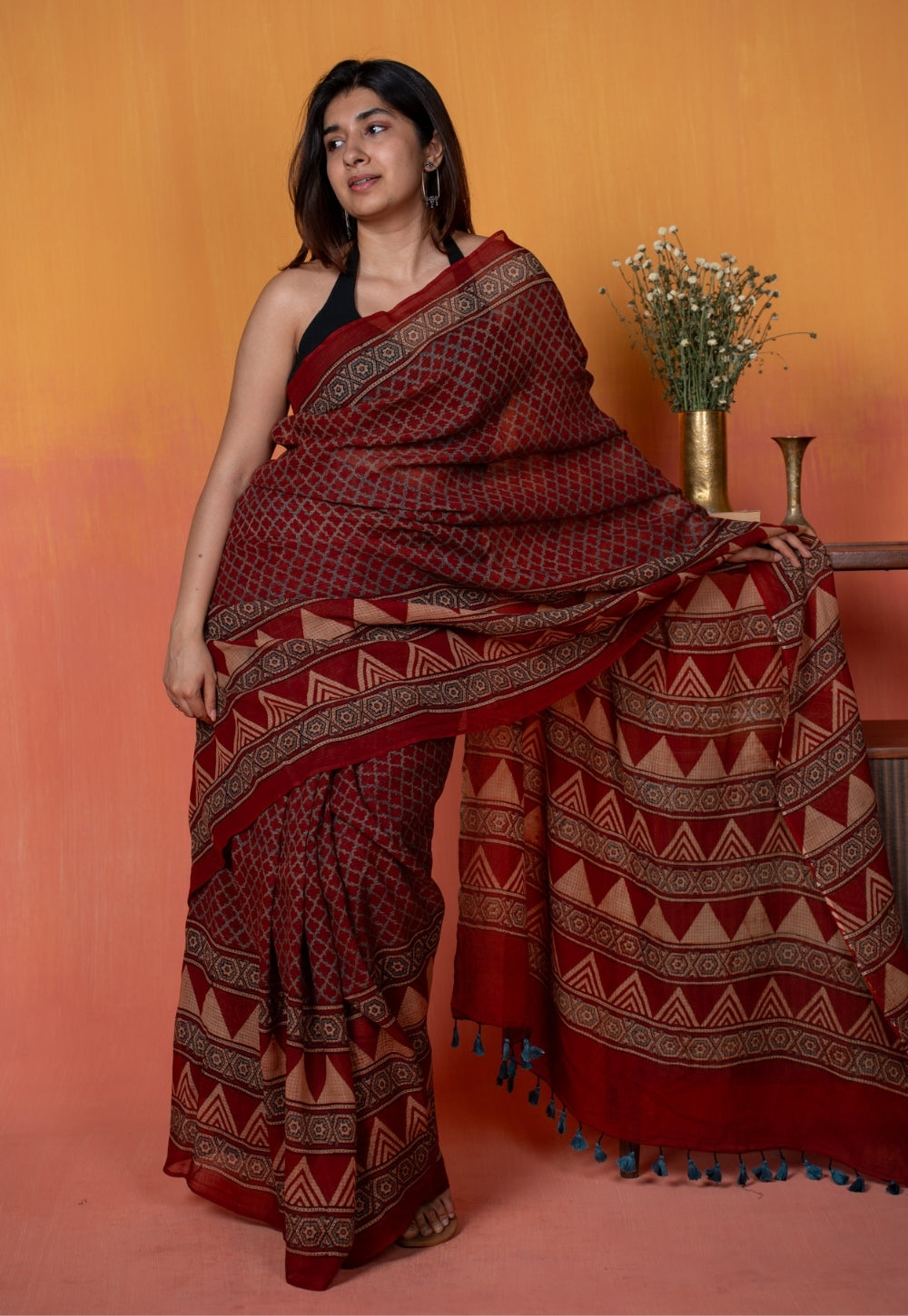 Red Geometric Ajrakh Hand Block Print Kota Doria Cotton Saree