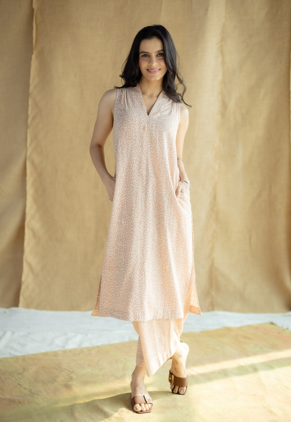 Alia Peach Hand Block Print Slub Cotton A Line Kurta