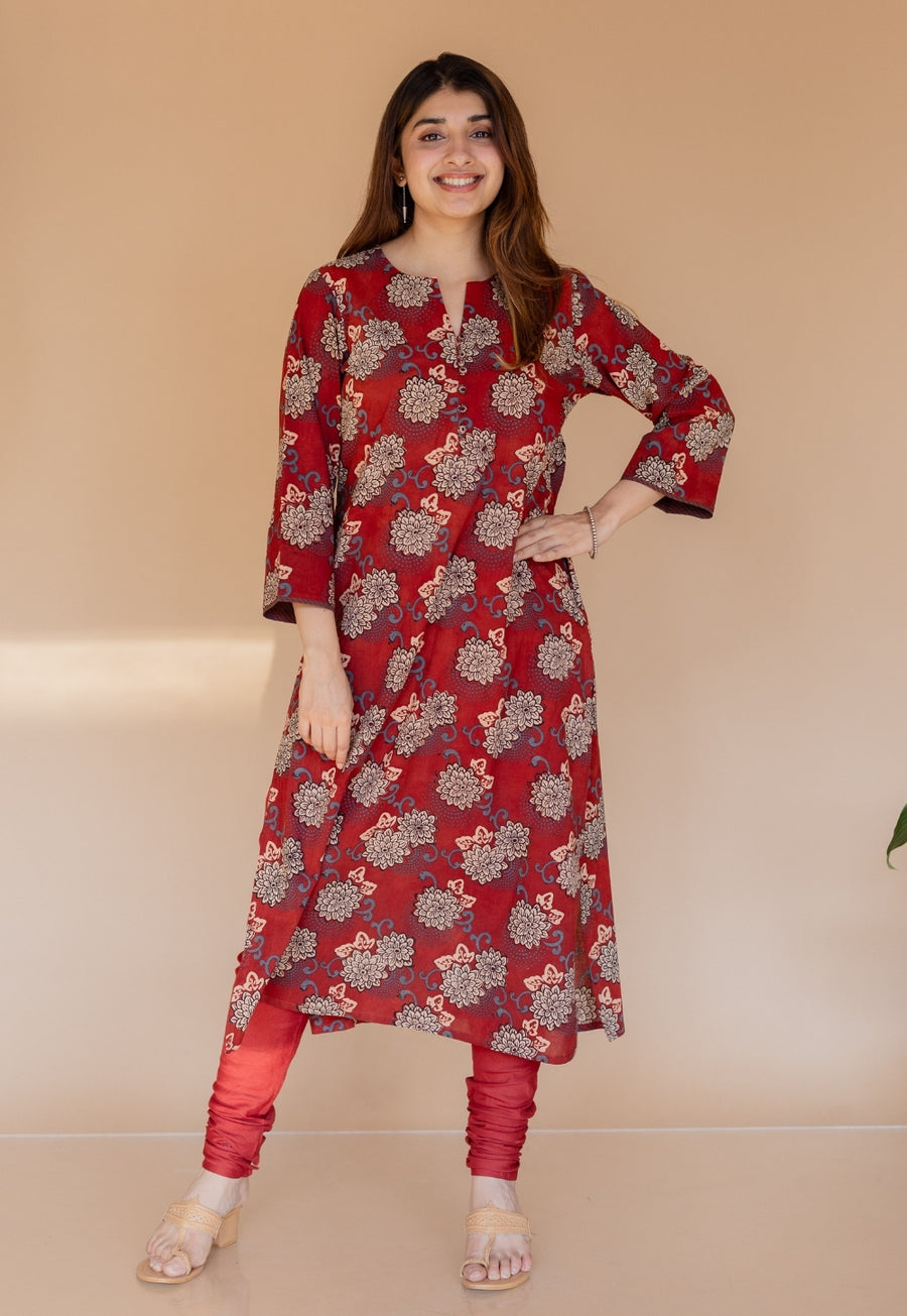 Dipika Red Ajrakh Cotton Straight Kurta