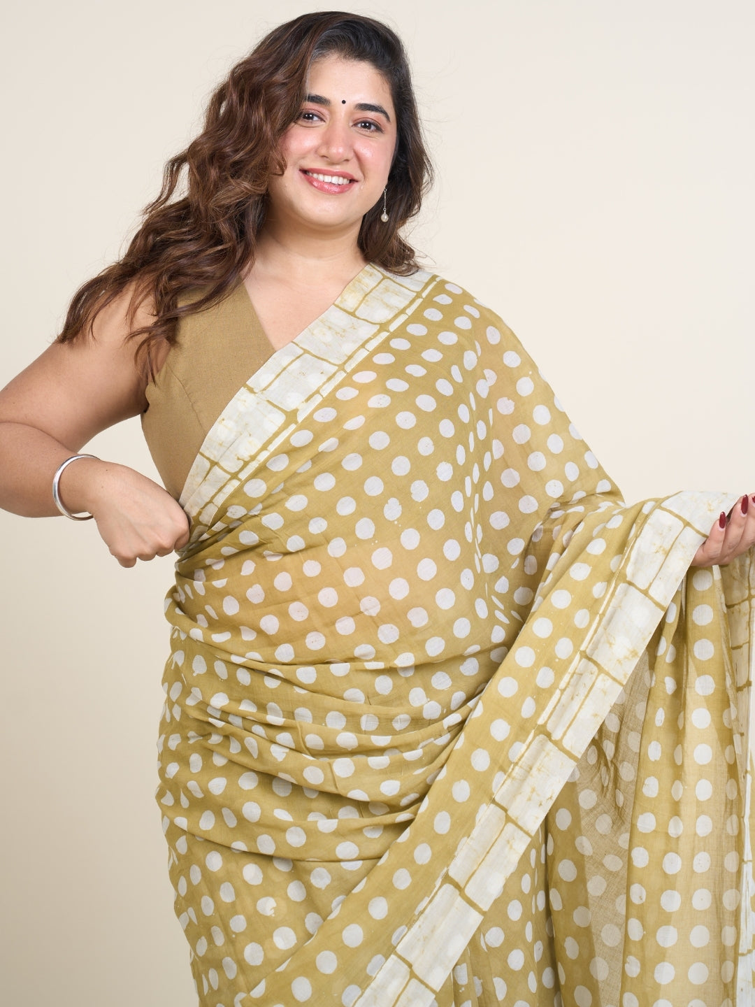 Madiha Green Batik Hand Block Print Mul Cotton Saree with Embroidery