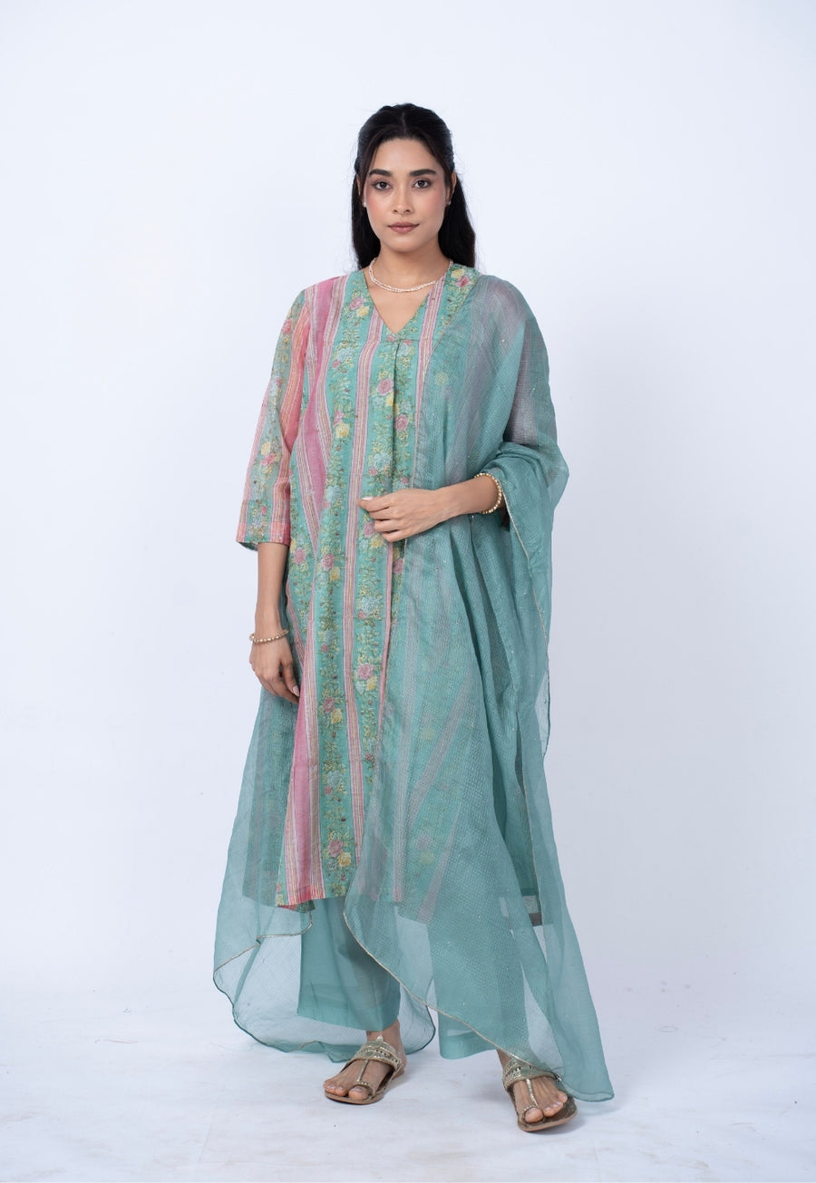Raila Blue Sanganeri Chanderi Silk Straight Kurta