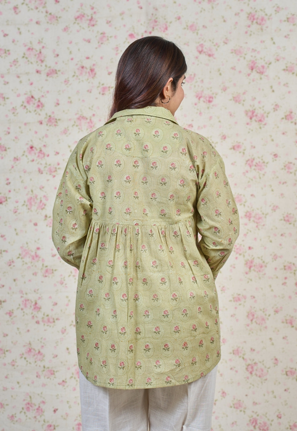 Enola Green Sanganeri Mul Cotton Straight Short Top