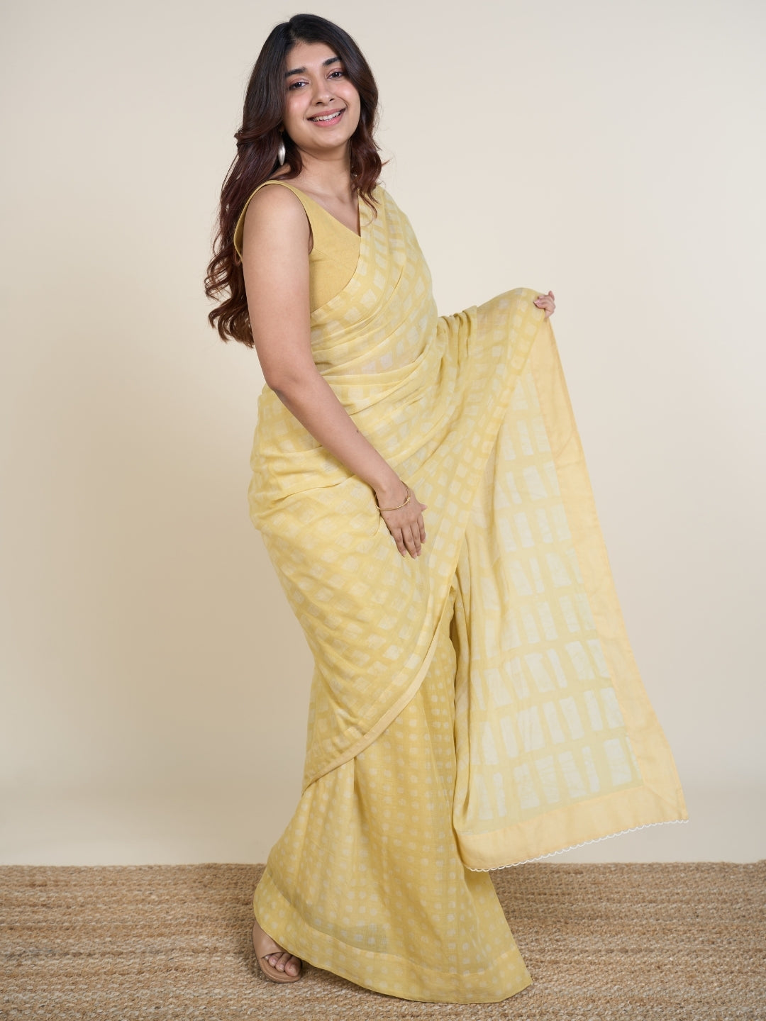 Ramisha Yellow Batik Hand Block Print Mul Cotton Saree with Embroidery