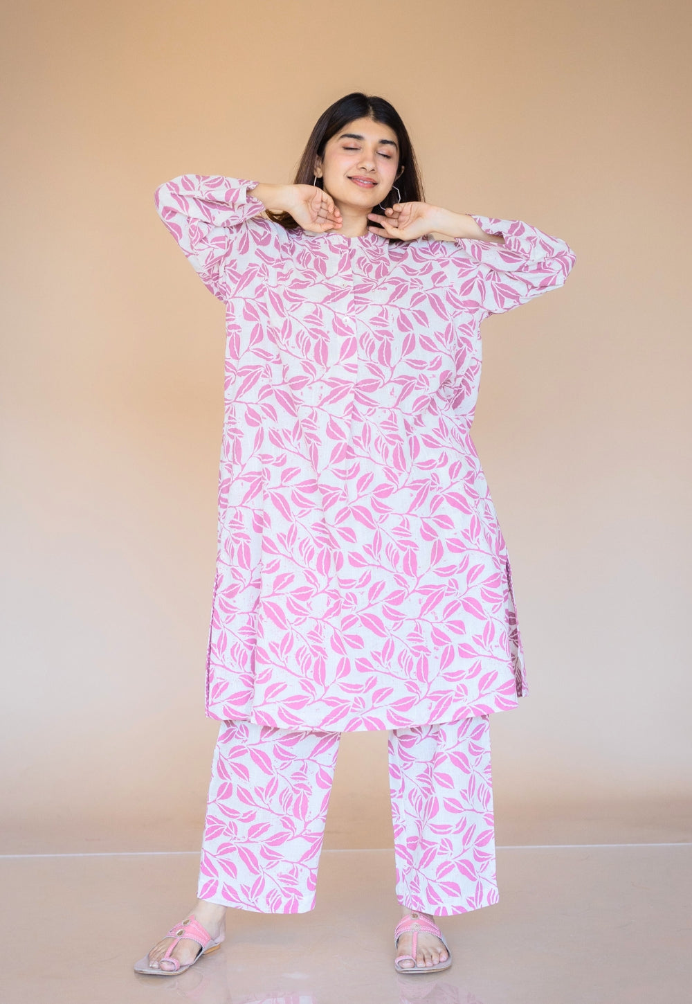 Ayaat Pink Hand Block Print Slub Cotton Straight Co-Ord Set