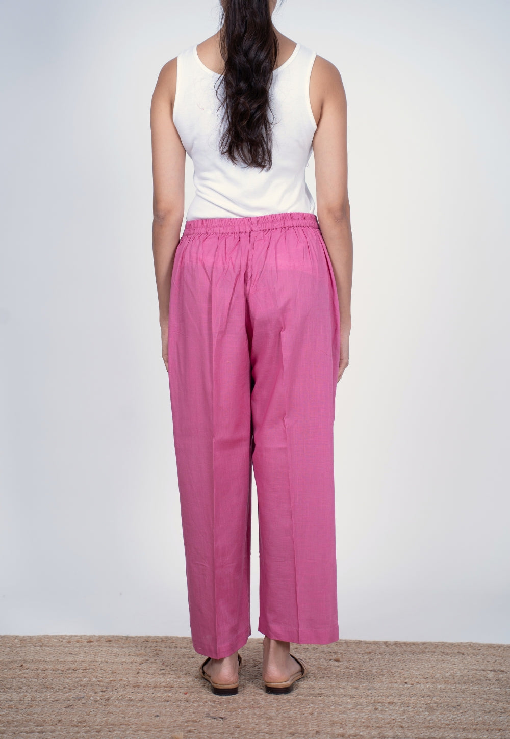 Yashi Pink Solid Slub Cotton Straight Pant