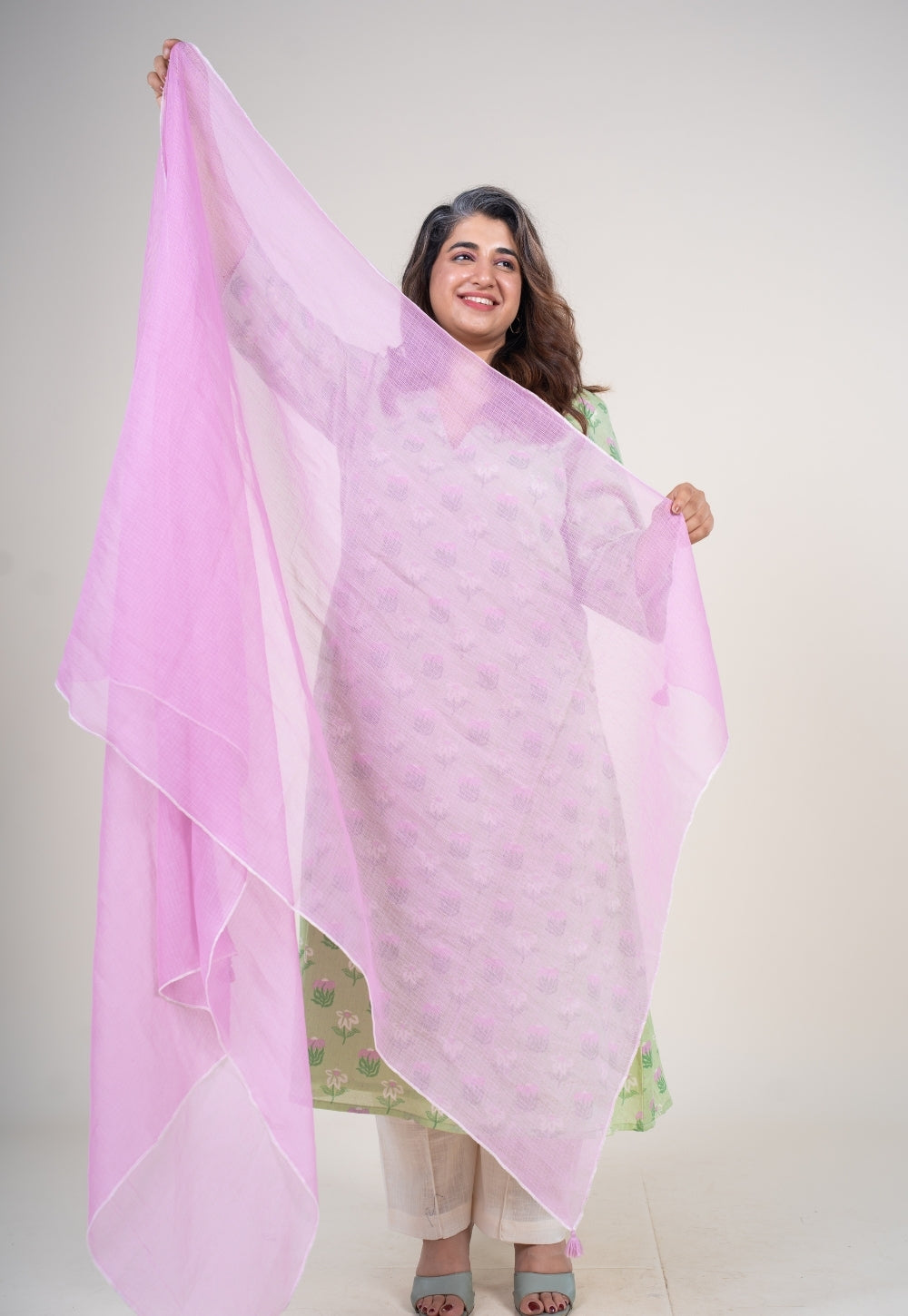 Mauve Solid Kota Doria Cotton Dupatta with Tassels