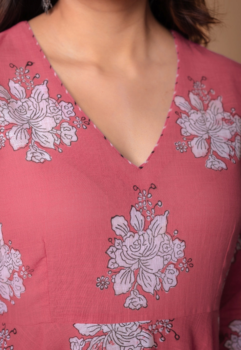 Ruvika Pink Dabu Slub Cotton A Line Kurta