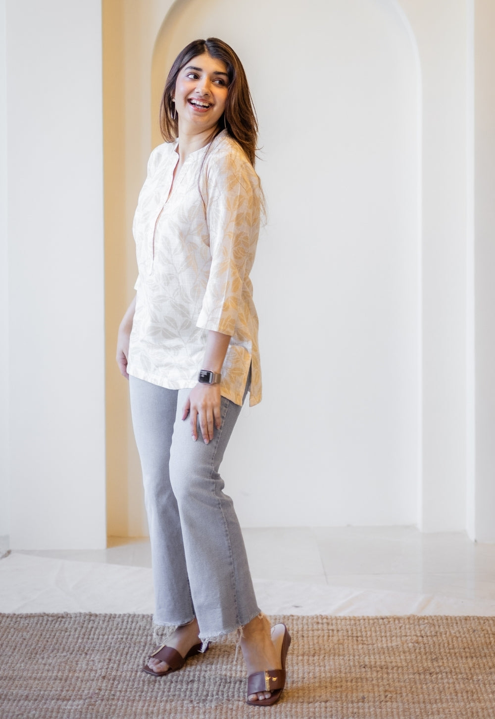 Zinia Beige Hand Block Print Slub Cotton Straight Short Top