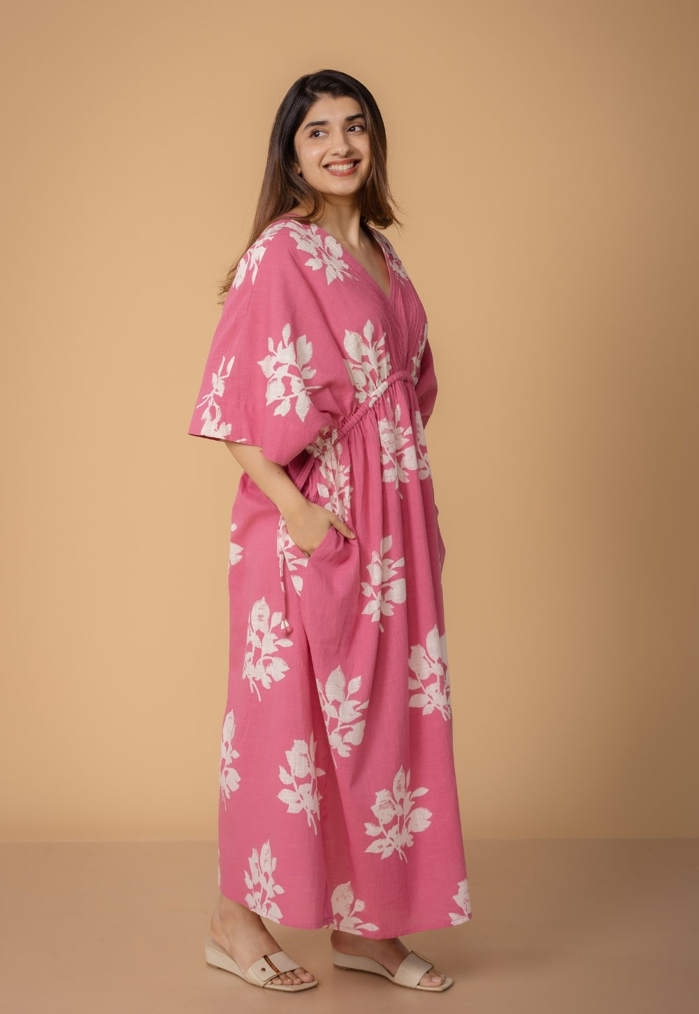 Jiana Pink Dabu Slub Cotton Kaftan Dress
