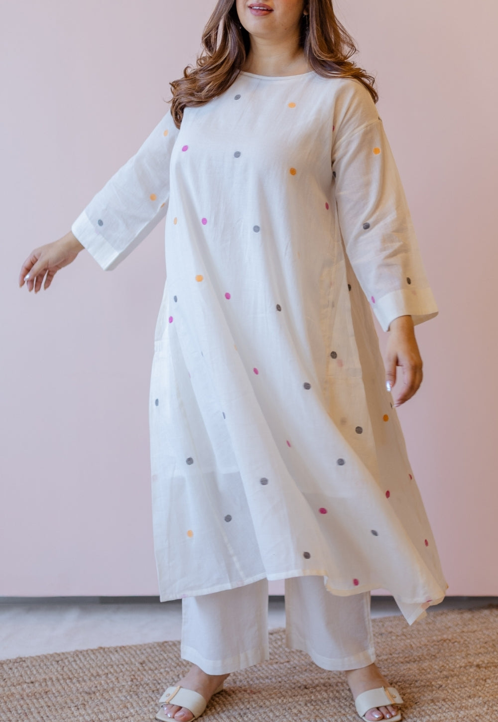 Kusum Off White Jamdani Handloom Cotton A Line Kurta