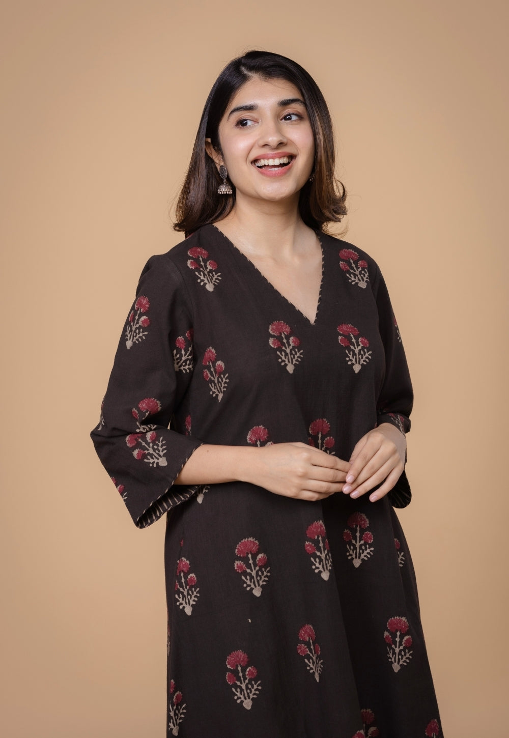 Shrusti Brown Dabu Slub Cotton A Line Kurta Set (Set of 2)
