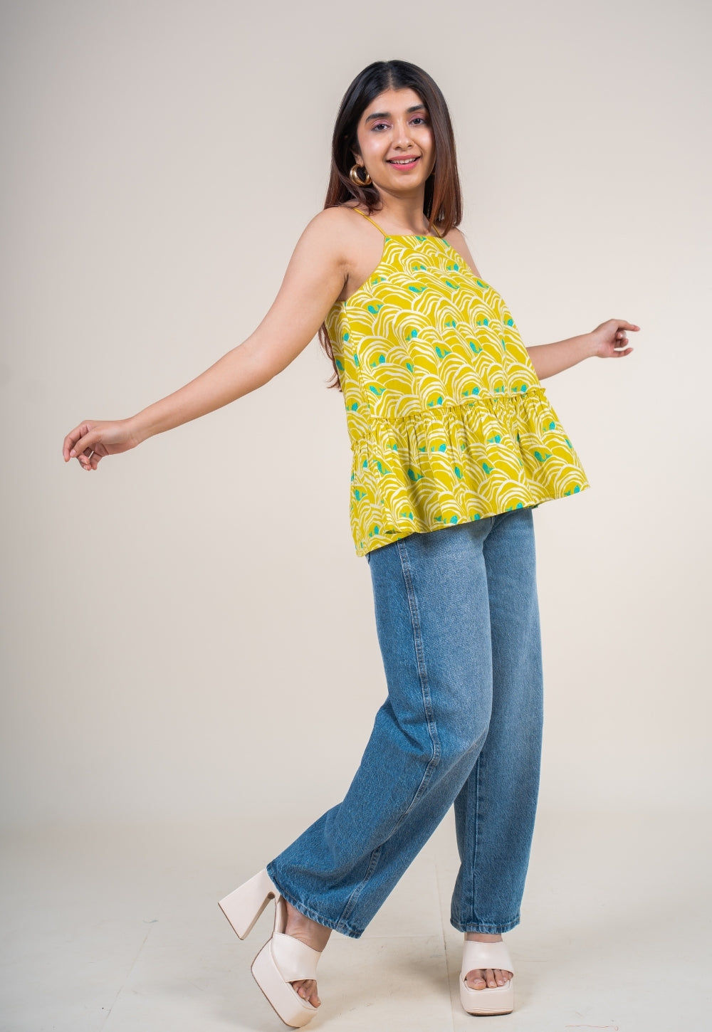 Sarya Lime Green Printed Cotton A Line Short Top