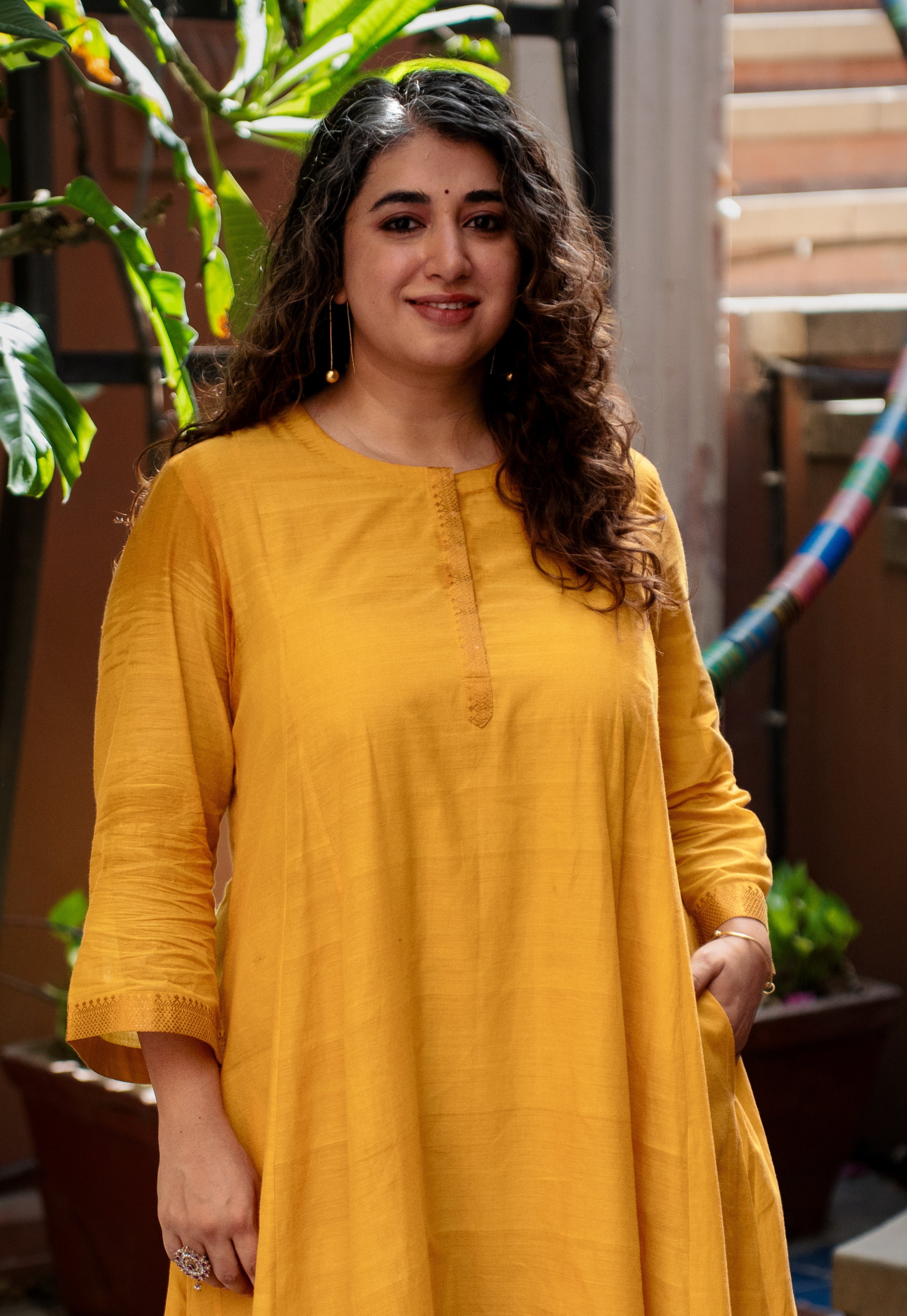 Sujata Yellow Mangalgiri Cotton Kali Kurta with Nizam Border