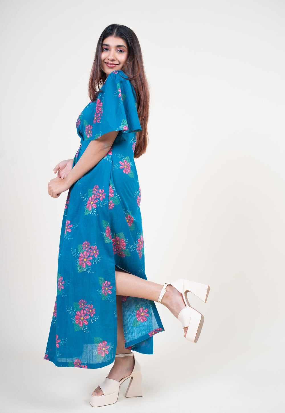 Nitya Ink Blue Printed Mul A Line Dress with Slip