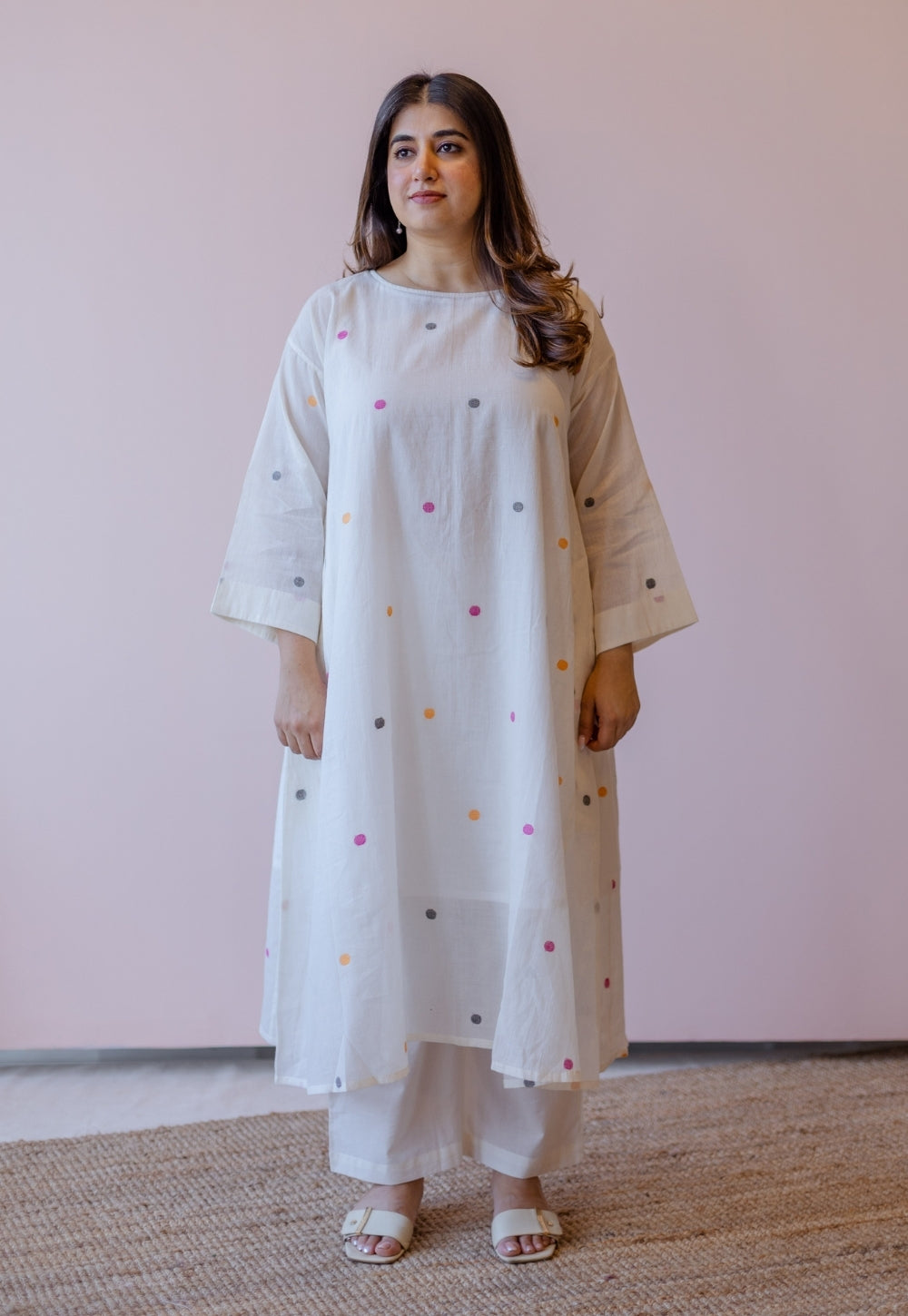 Kusum Off White Jamdani Handloom Cotton A Line Kurta