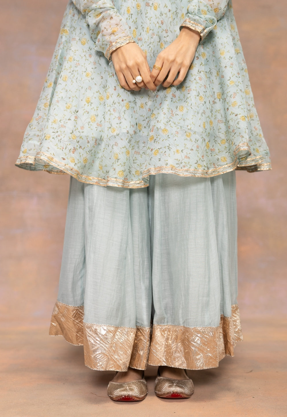 Rosalie Blue Sanganeri Chanderi Silk A Line Kurta with Lace Detailing