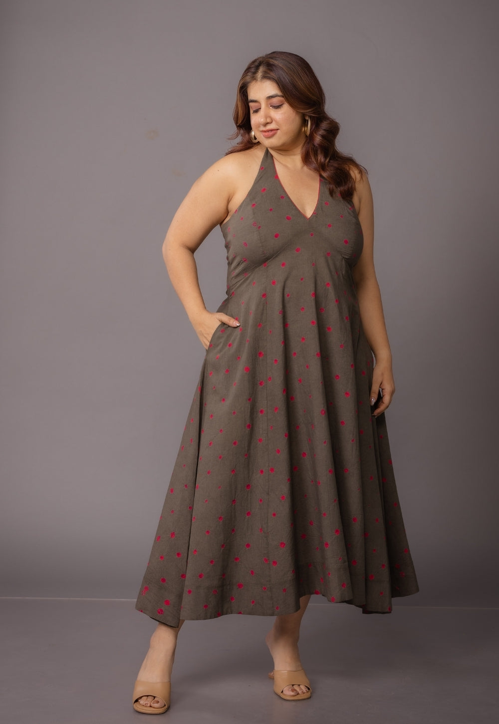 Priti Grey Bandhani Cotton A Line Dress