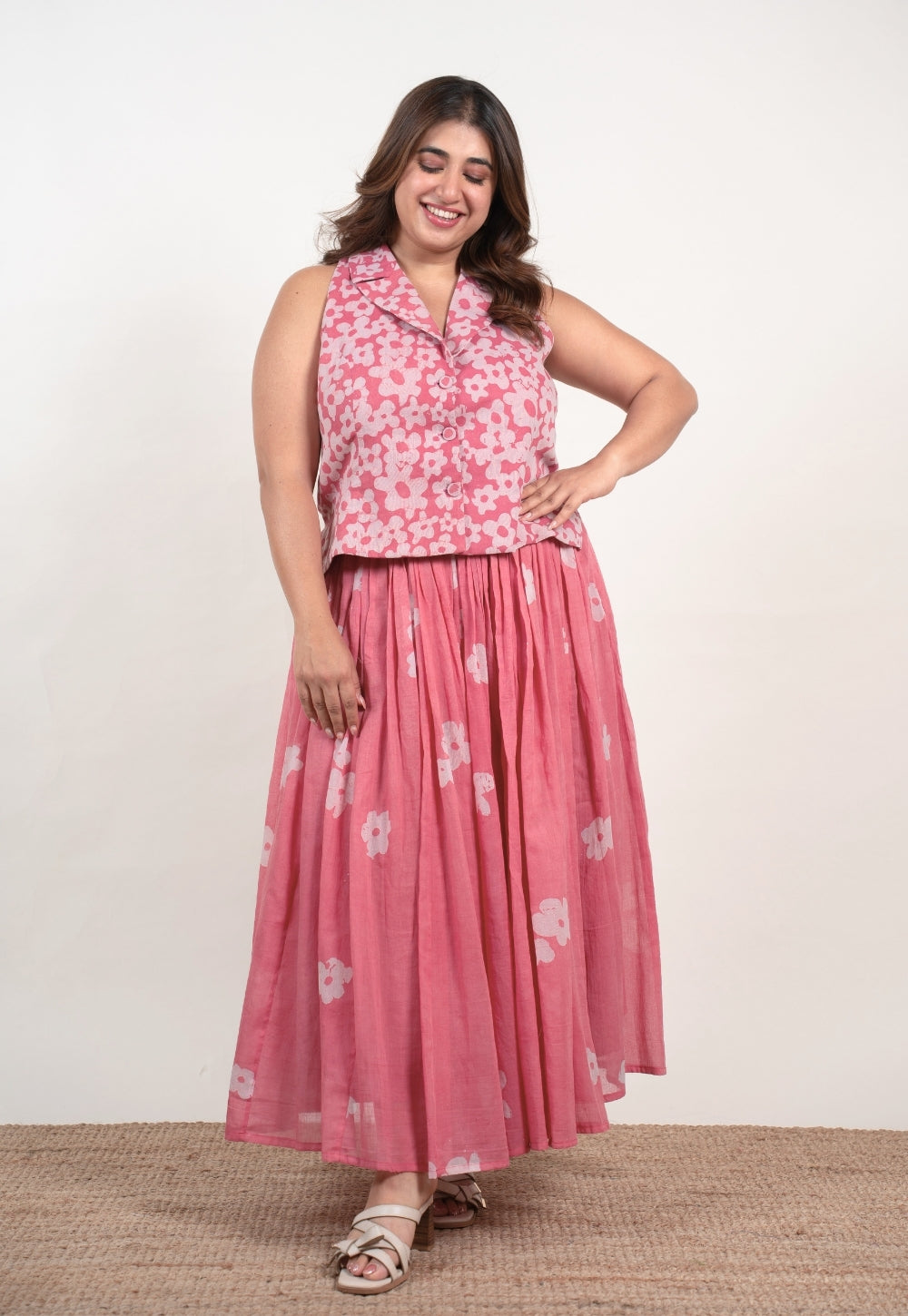 Ishani Pink Batik MulMul Straight Waistcoat Top