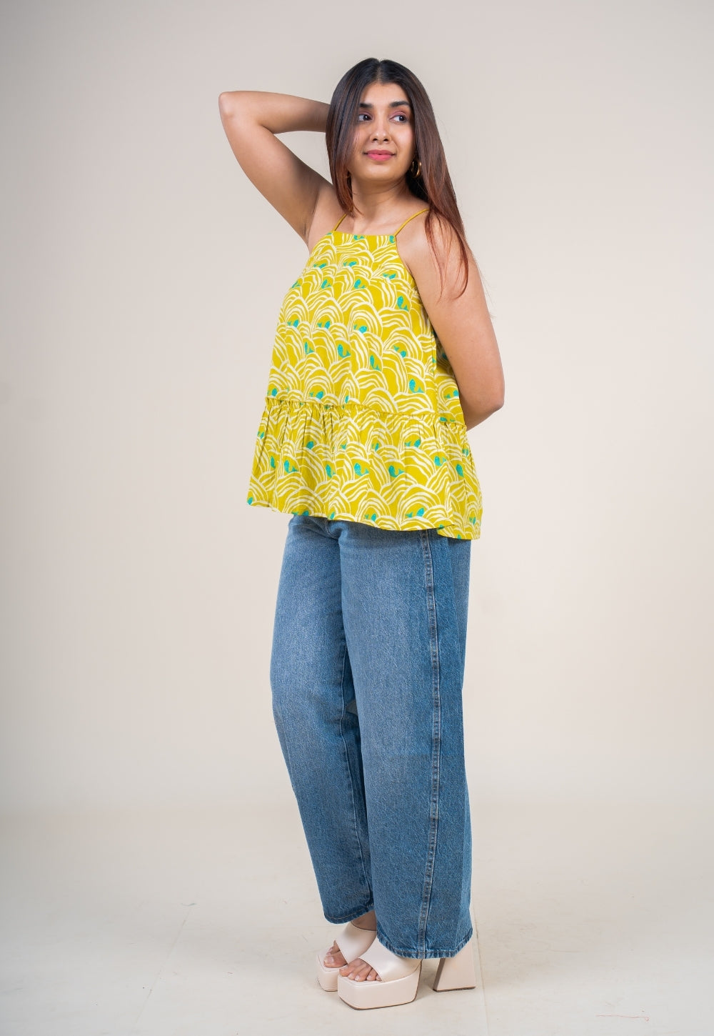Sarya Lime Green Printed Cotton A Line Short Top