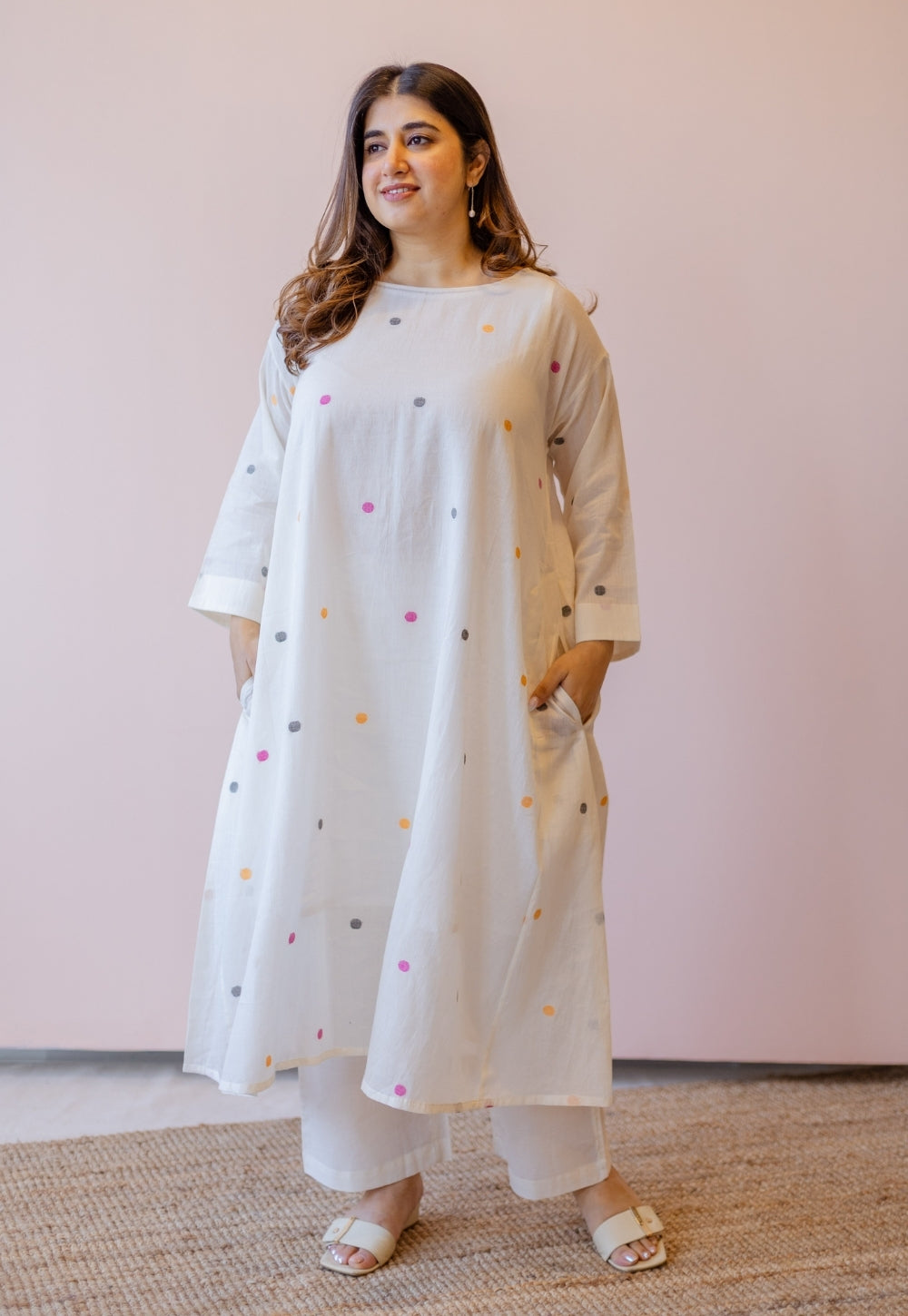 Kusum Off White Jamdani Handloom Cotton A Line Kurta