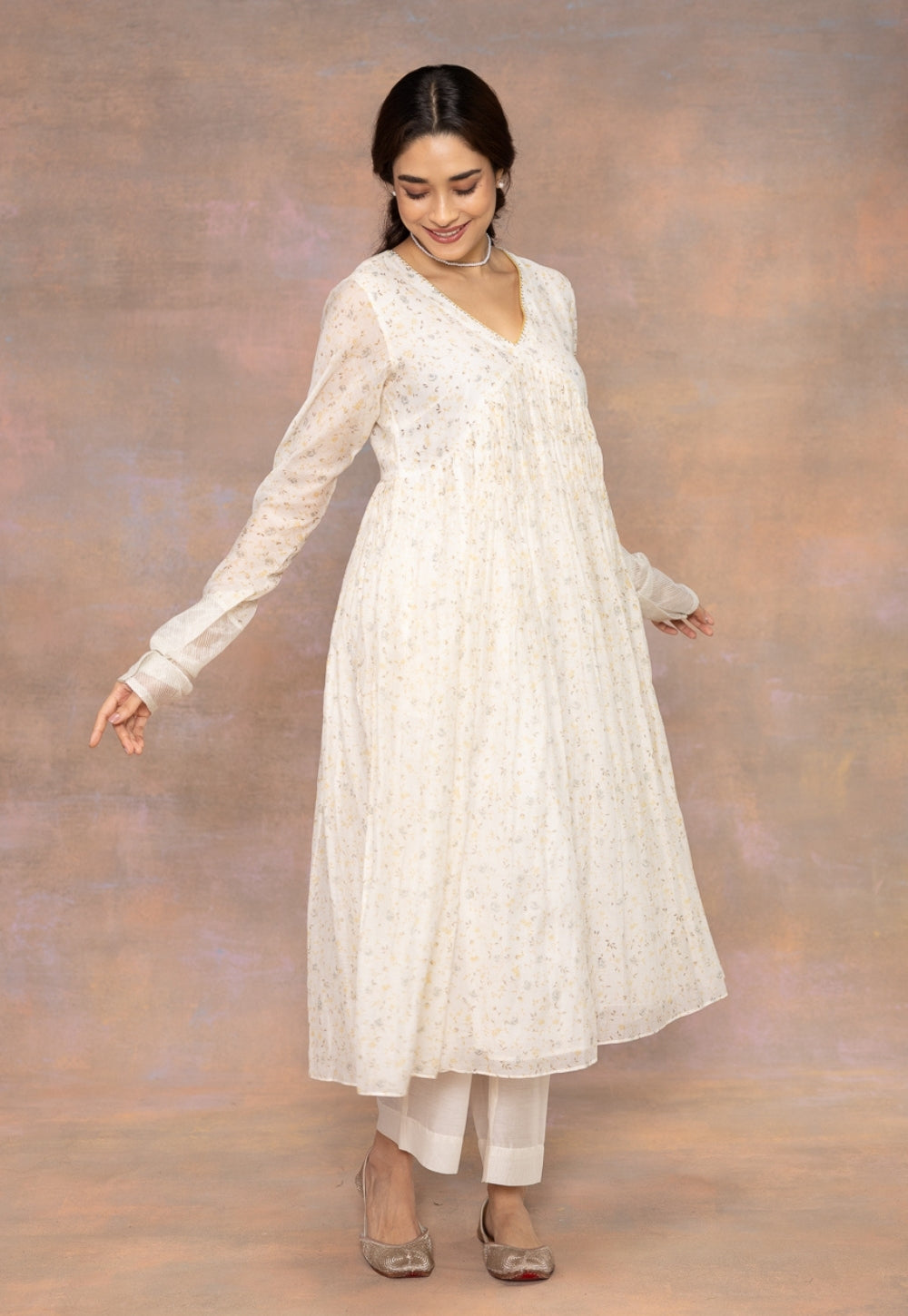 Rois White Sanganeri Chanderi Silk A Line Kurta with Hand Embroidery