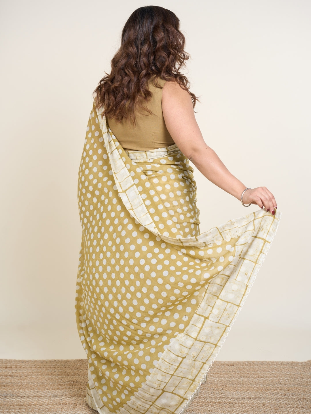 Madiha Green Batik Hand Block Print Mul Cotton Saree with Embroidery