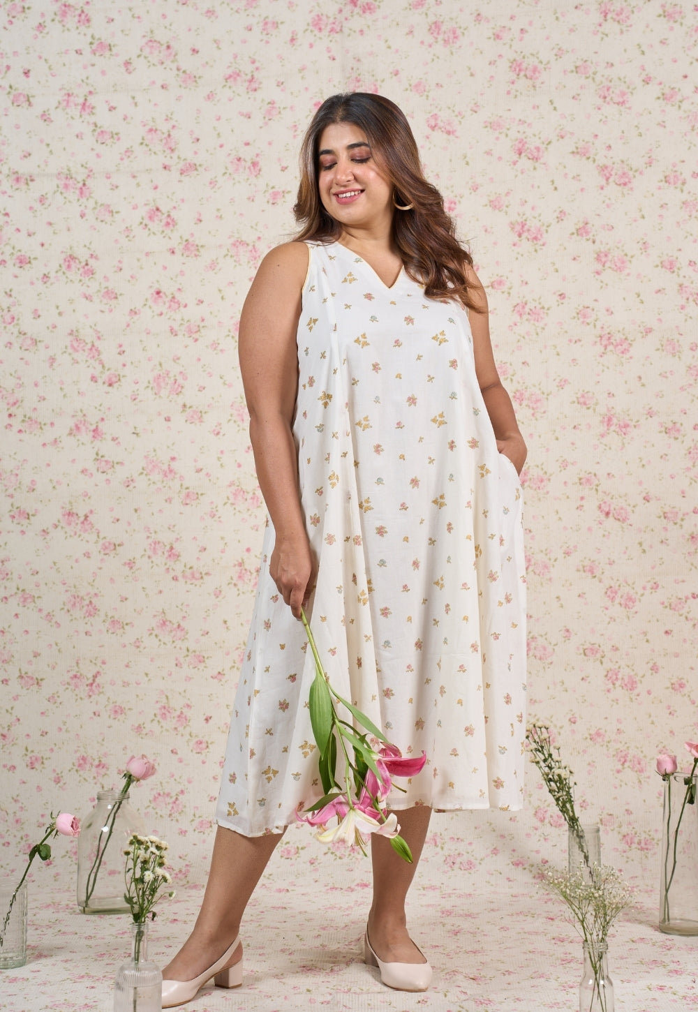 Sophia White Sanganeri Mul Cotton A Line Dress