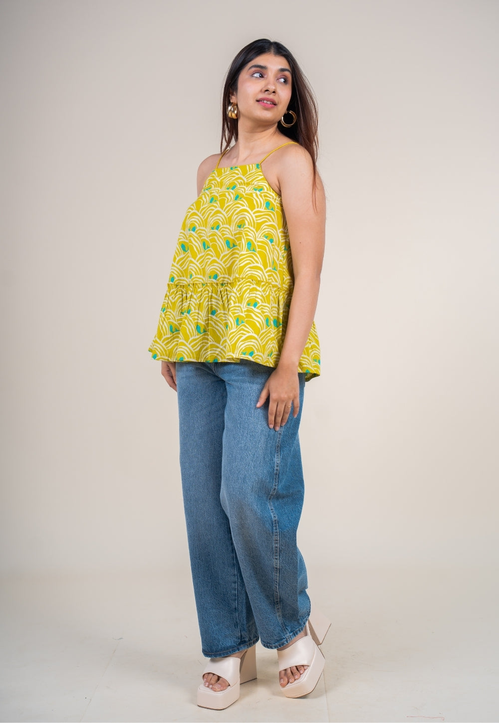 Sarya Lime Green Printed Cotton A Line Short Top