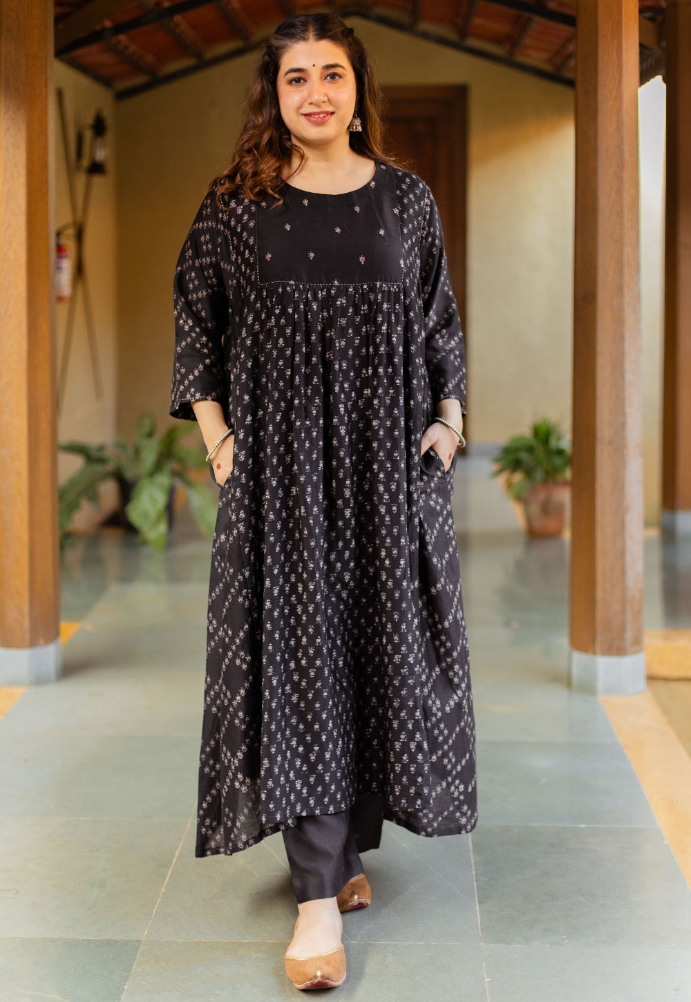 Melina Black Ajrakh Chanderi Silk Jhabbha Kali Kurta with Hand Embroidery