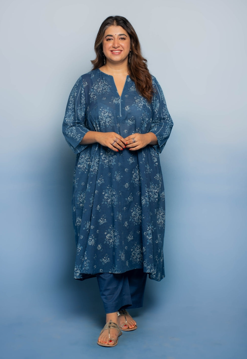 Drishti Blue Dabu Mul Cotton Kali Kurta