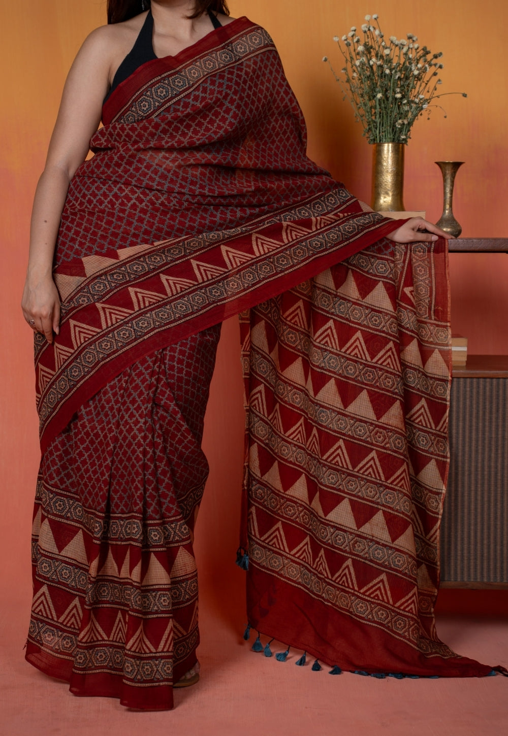 Red Geometric Ajrakh Hand Block Print Kota Doria Cotton Saree