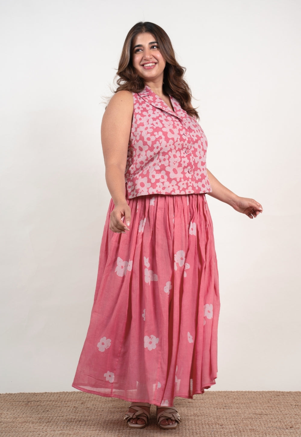 Ishani Pink Batik MulMul Straight Waistcoat Top and Skirt (Set of 2)