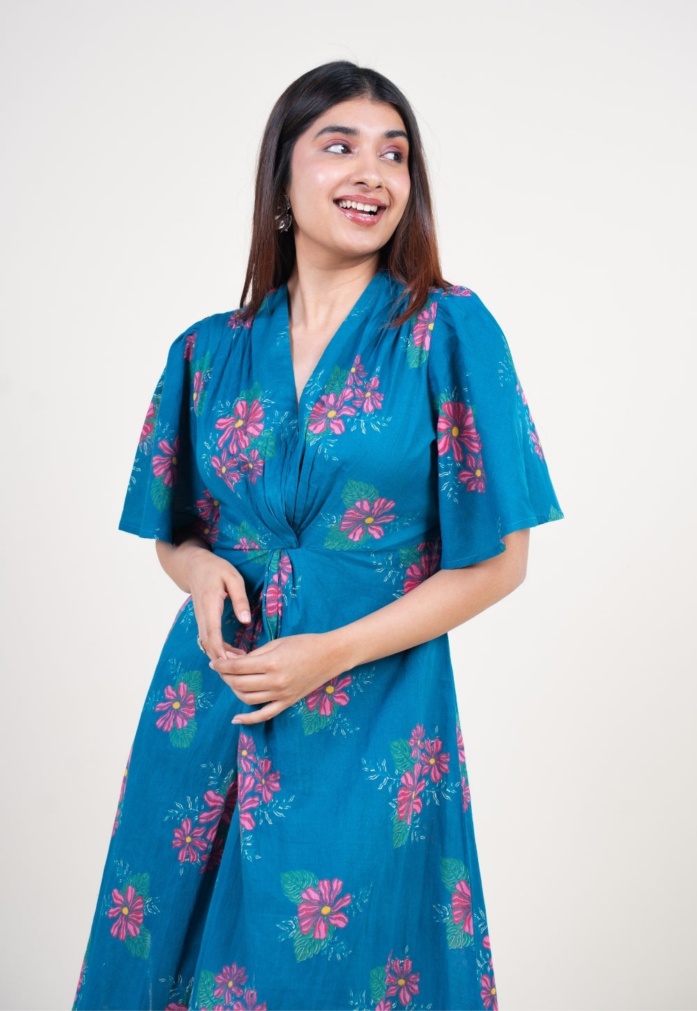 Nitya Ink Blue Printed Mul A Line Dress with Slip