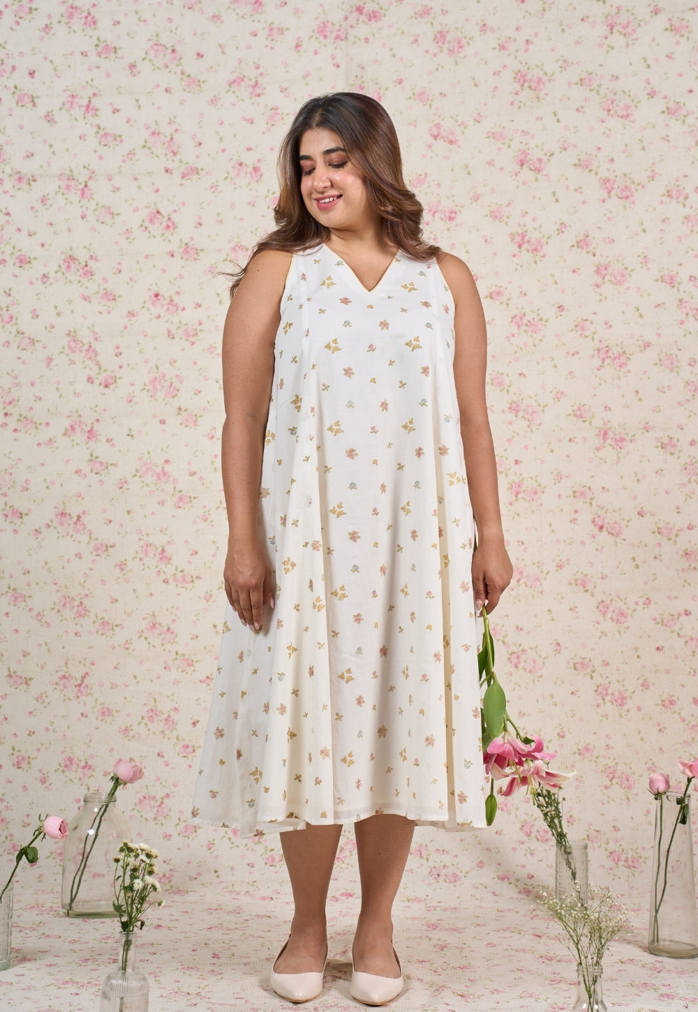 Sophia White Sanganeri Mul Cotton A Line Dress